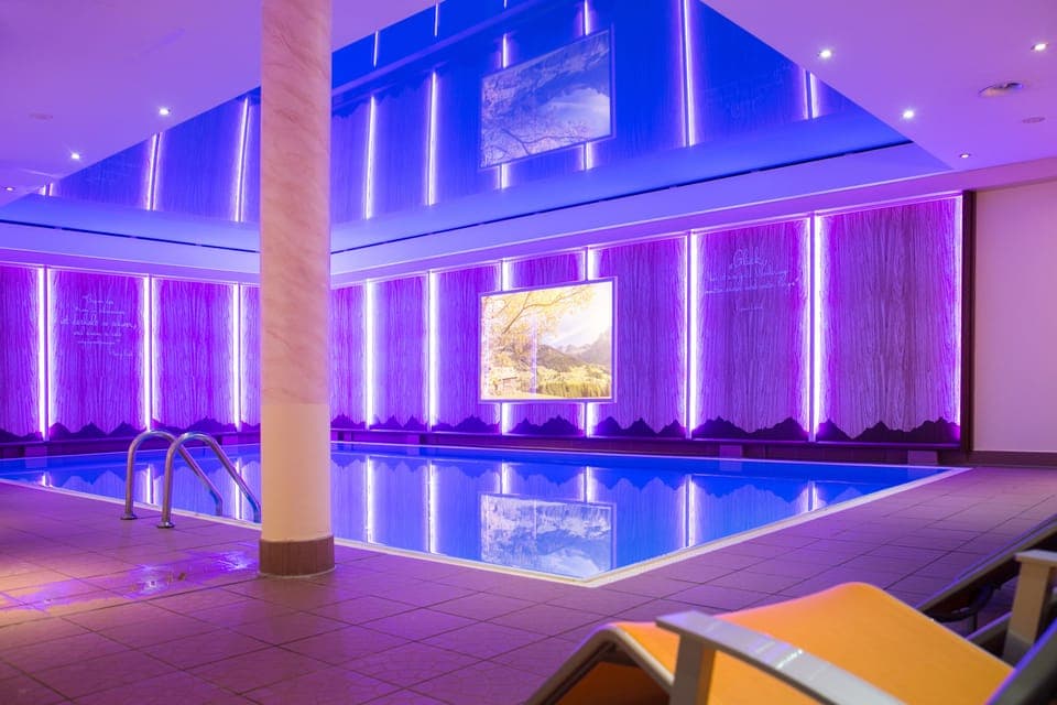 Indoor pool, open 7 AM to 9 PM, sun loungers