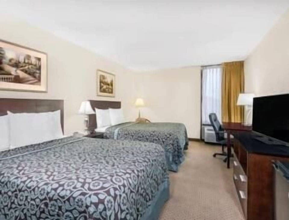 Room, 2 Double Beds, Non Smoking | Desk, laptop workspace, blackout drapes, iron/ironing board