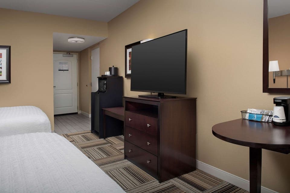 Room, 2 Queen Beds, Non Smoking | Desk, laptop workspace, blackout drapes, iron/ironing board