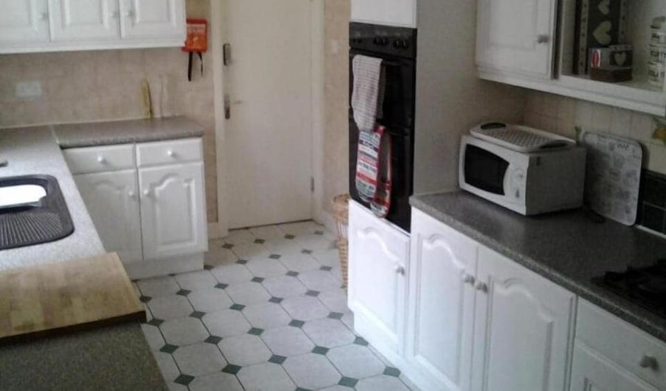 Full-size fridge, microwave, oven, electric kettle