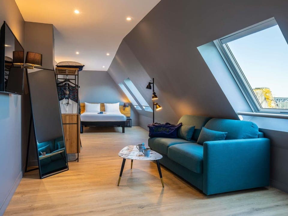 Desk, blackout drapes, soundproofing, iron/ironing board