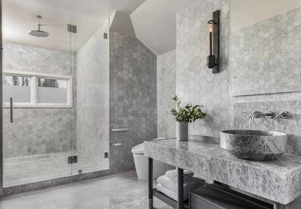 Shower, rainfall showerhead, designer toiletries, bathrobes