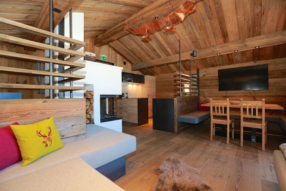 Chalet, 3 Bedrooms (Outdoorsauna, excl cleaning fee 225 €) | Living area | Flat-screen TV, fireplace