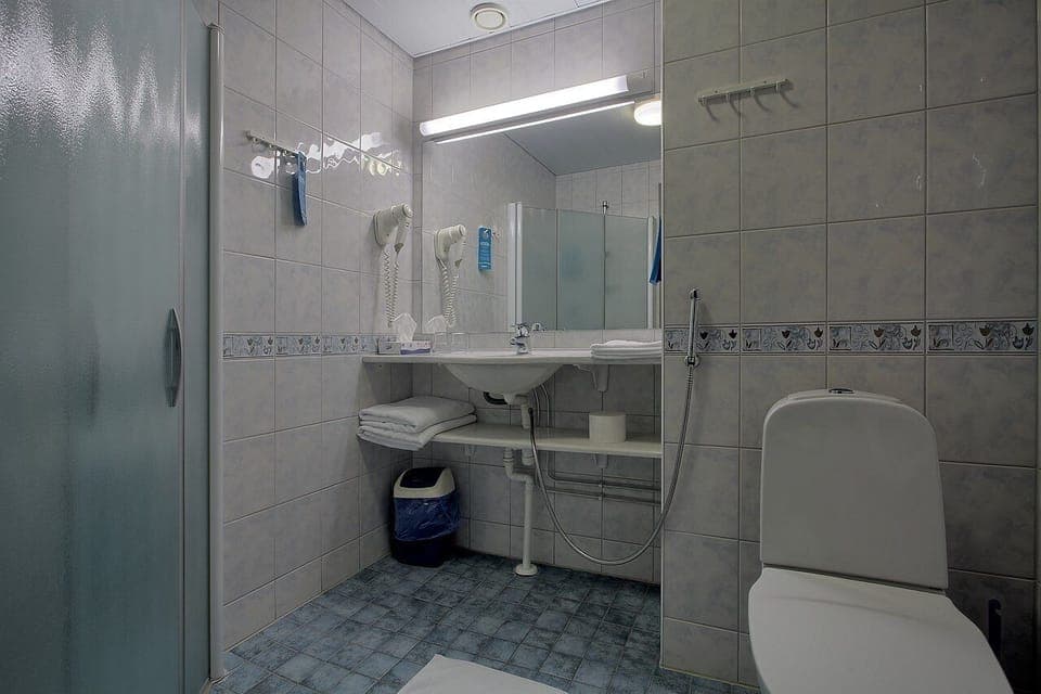 Shower, free toiletries, hair dryer, towels