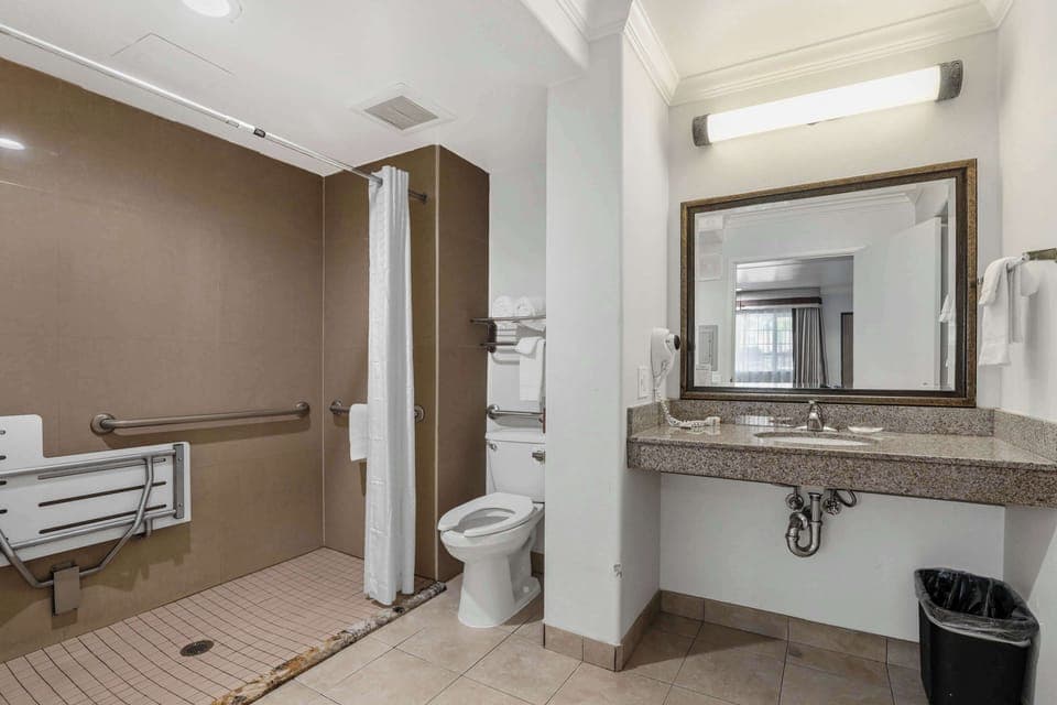 Combined shower/tub, free toiletries, hair dryer, towels