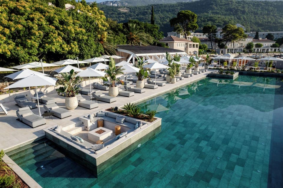 On the beach, sun loungers, beach umbrellas, beach towels