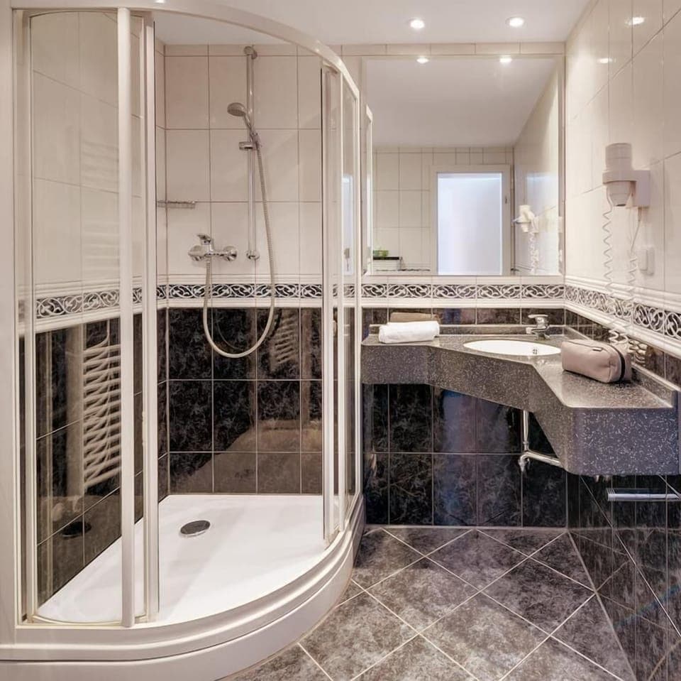 Shower, hair dryer, towels