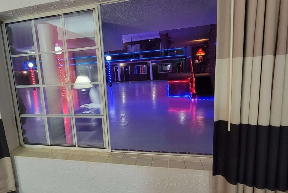 Desk, laptop workspace, blackout drapes, soundproofing