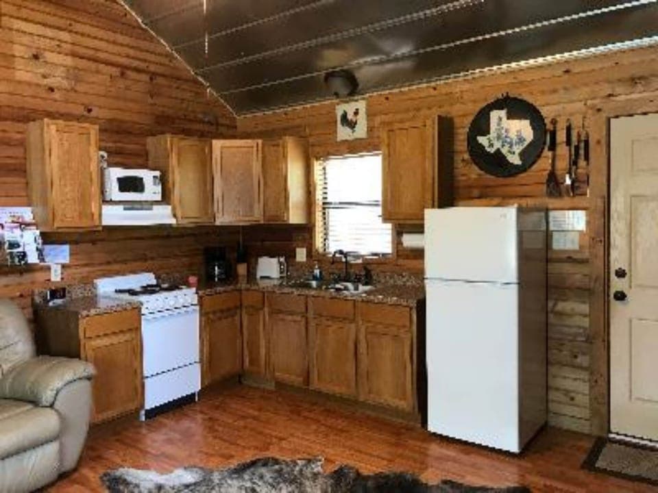 Full-size fridge, microwave, oven, stovetop