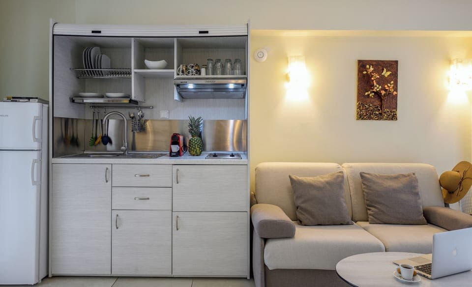 Deluxe Apartment, Garden View (Ground floor) | Private kitchen | Fridge, microwave, stovetop, coffee/tea maker