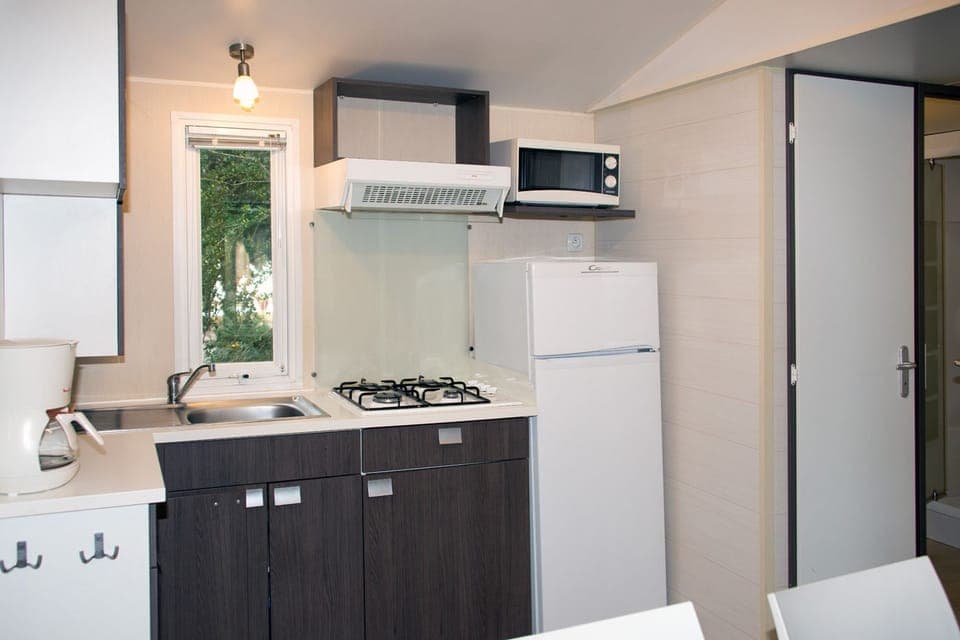Basic Mobile Home, 2 Bedrooms | Private kitchenette | Full-size fridge, microwave, stovetop, cookware/dishes/utensils