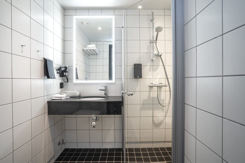 Shower, eco-friendly toiletries, hair dryer, towels