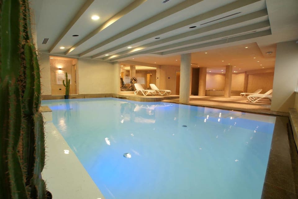 Indoor pool, open 10:00 AM to 8:00 PM, sun loungers