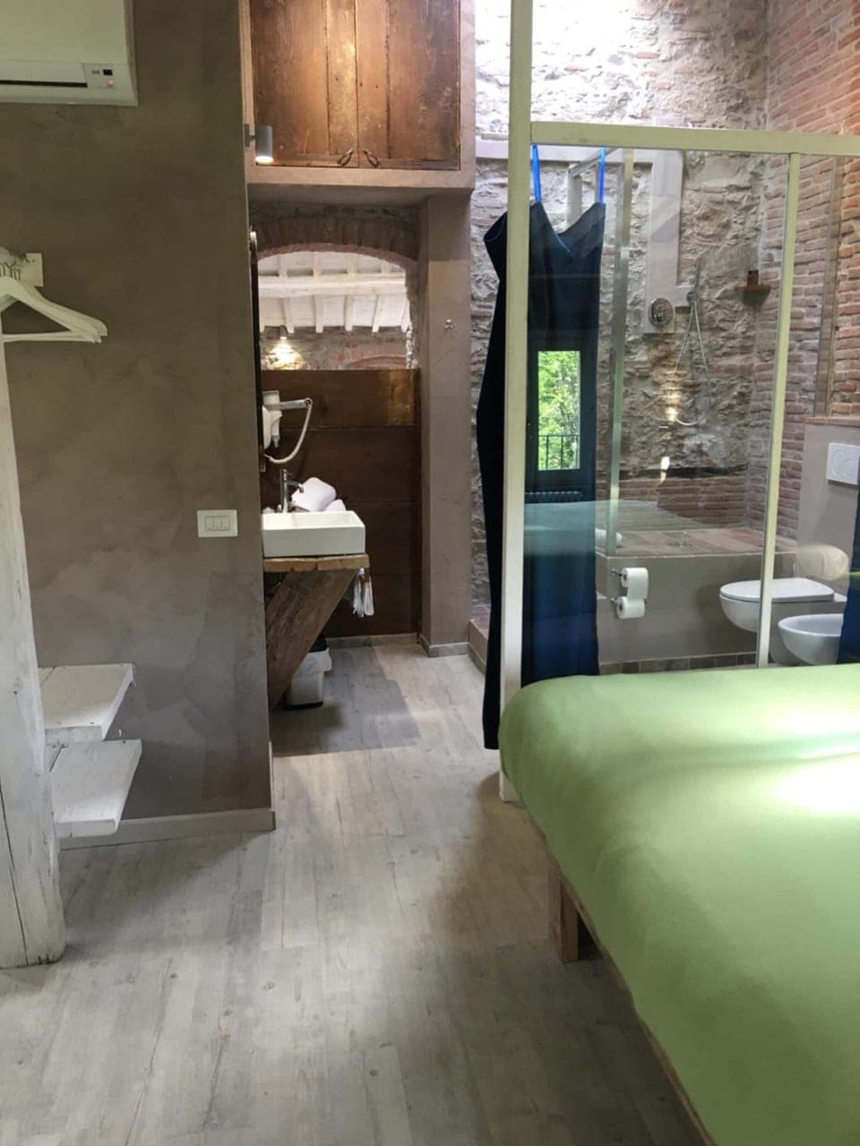 Shower, rainfall showerhead, designer toiletries, hair dryer