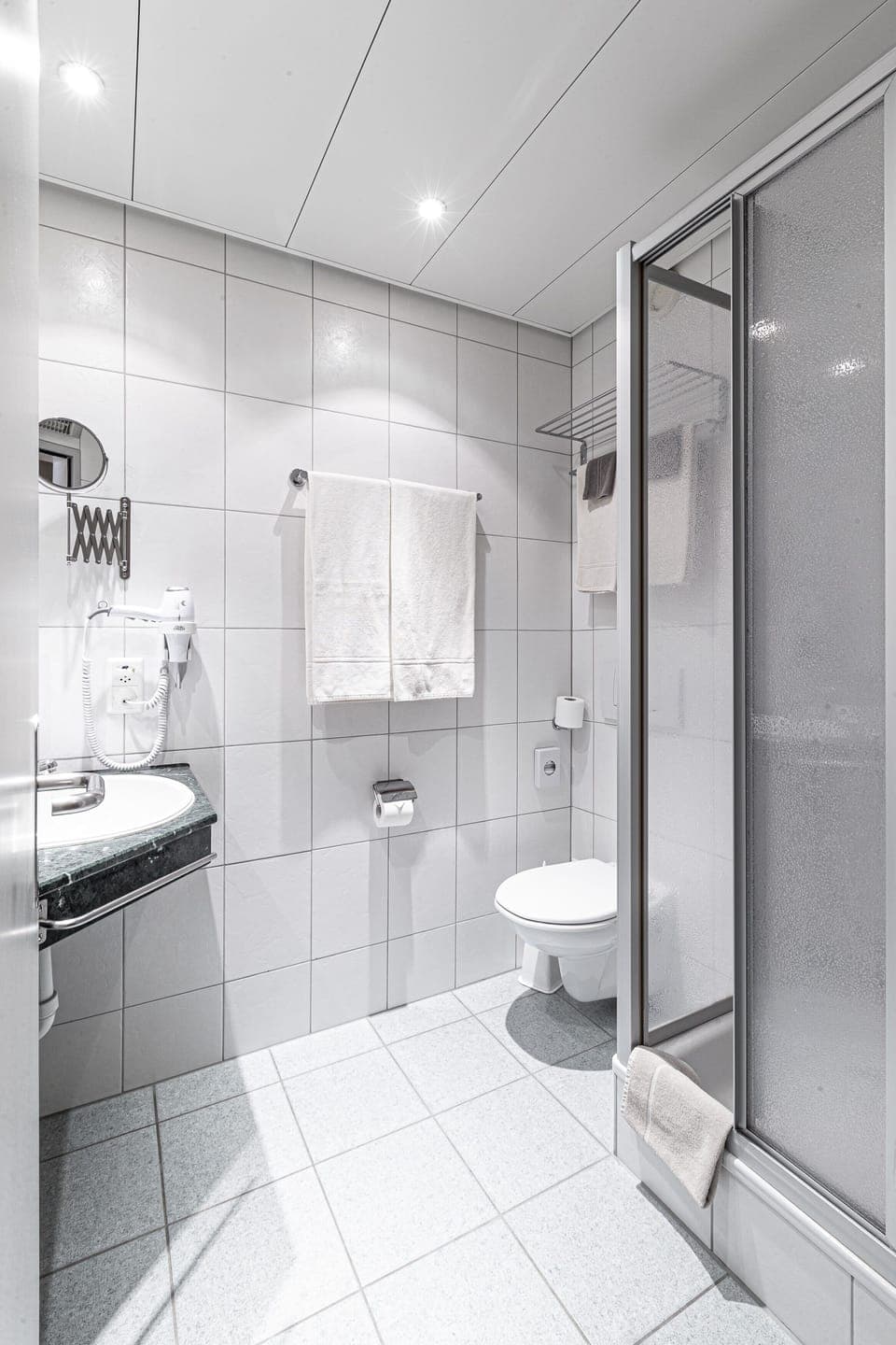 Shower, free toiletries, hair dryer, towels