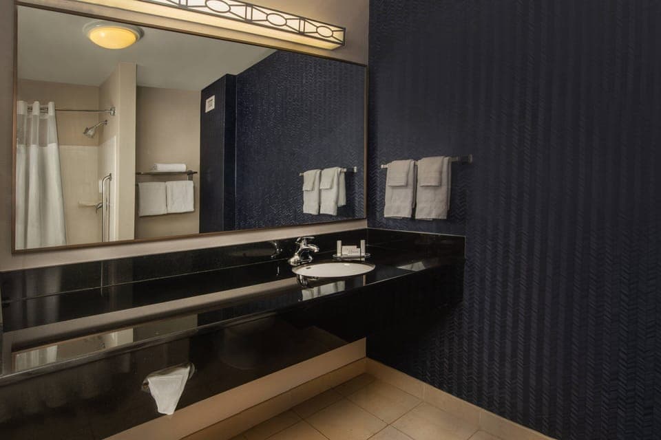 Combined shower/tub, free toiletries, hair dryer, towels