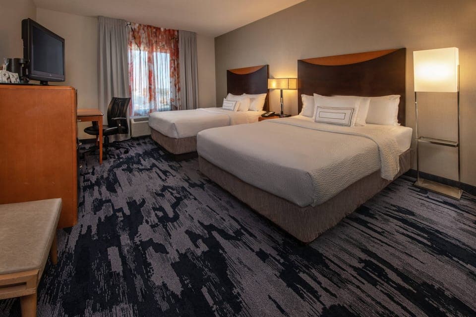 Room, 2 Queen Beds | Desk, blackout drapes, iron/ironing board, free WiFi