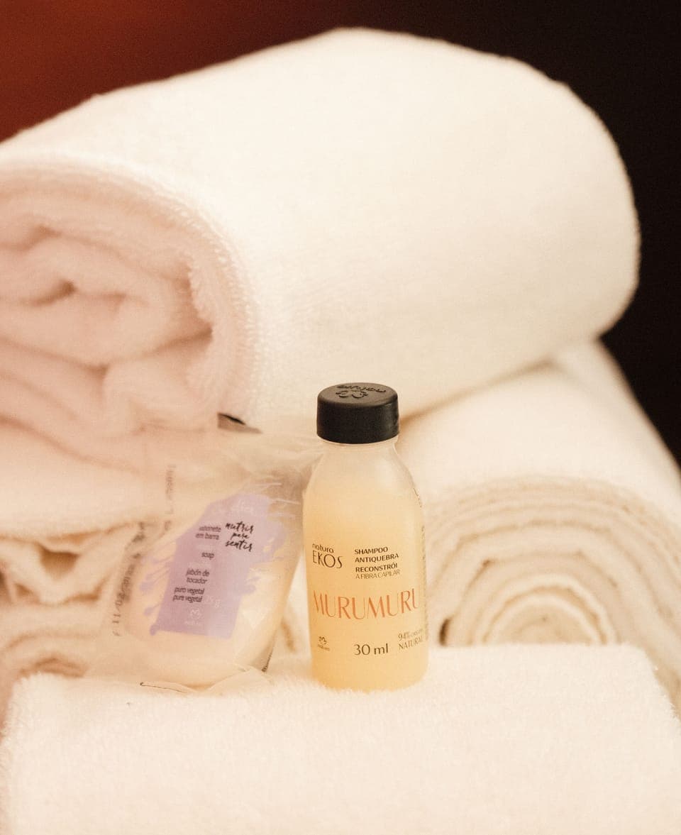 Shower, towels, soap, shampoo