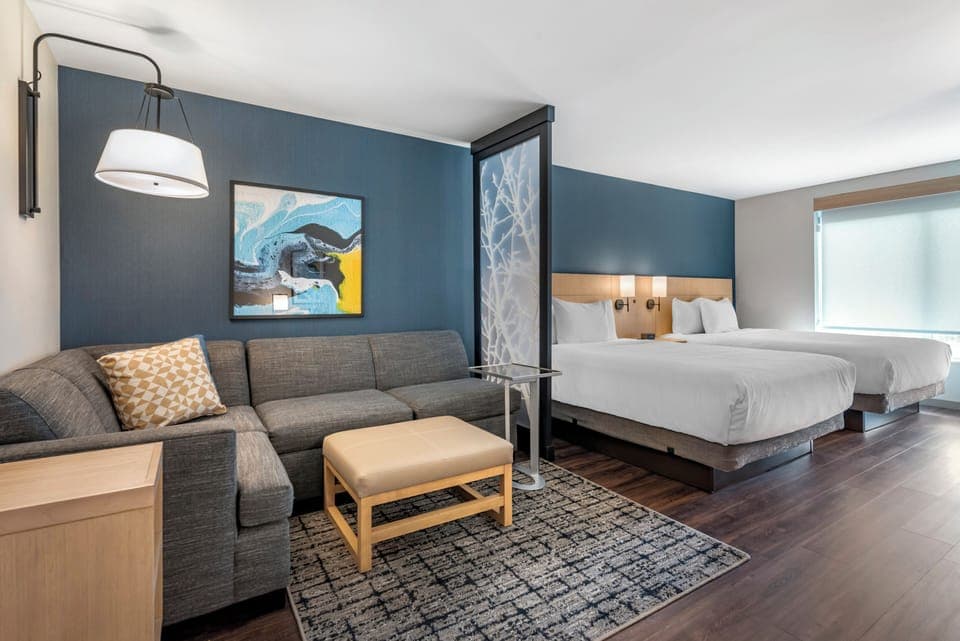 Premium bedding, pillowtop beds, desk, laptop workspace
