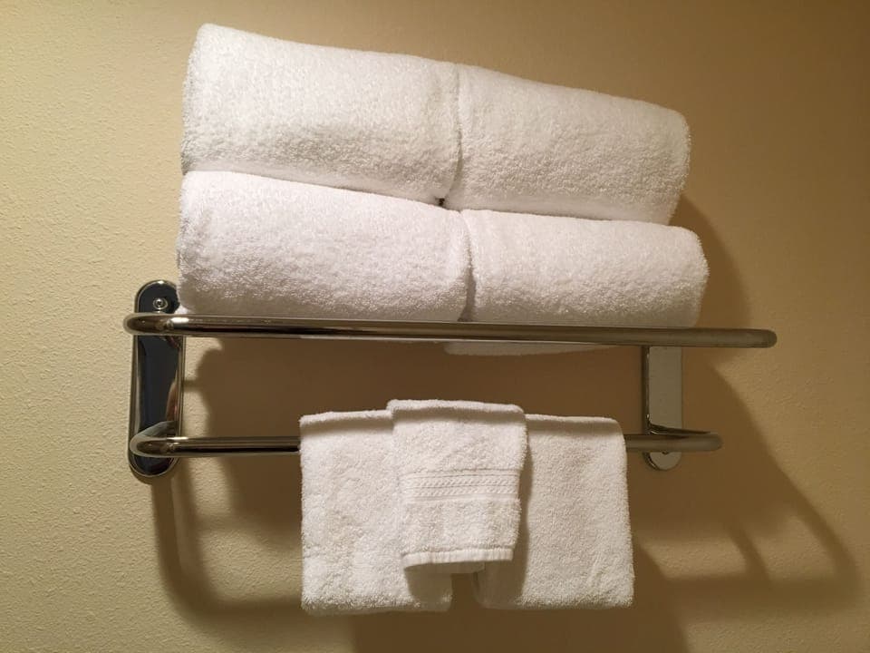 Combined shower/tub, free toiletries, hair dryer, towels