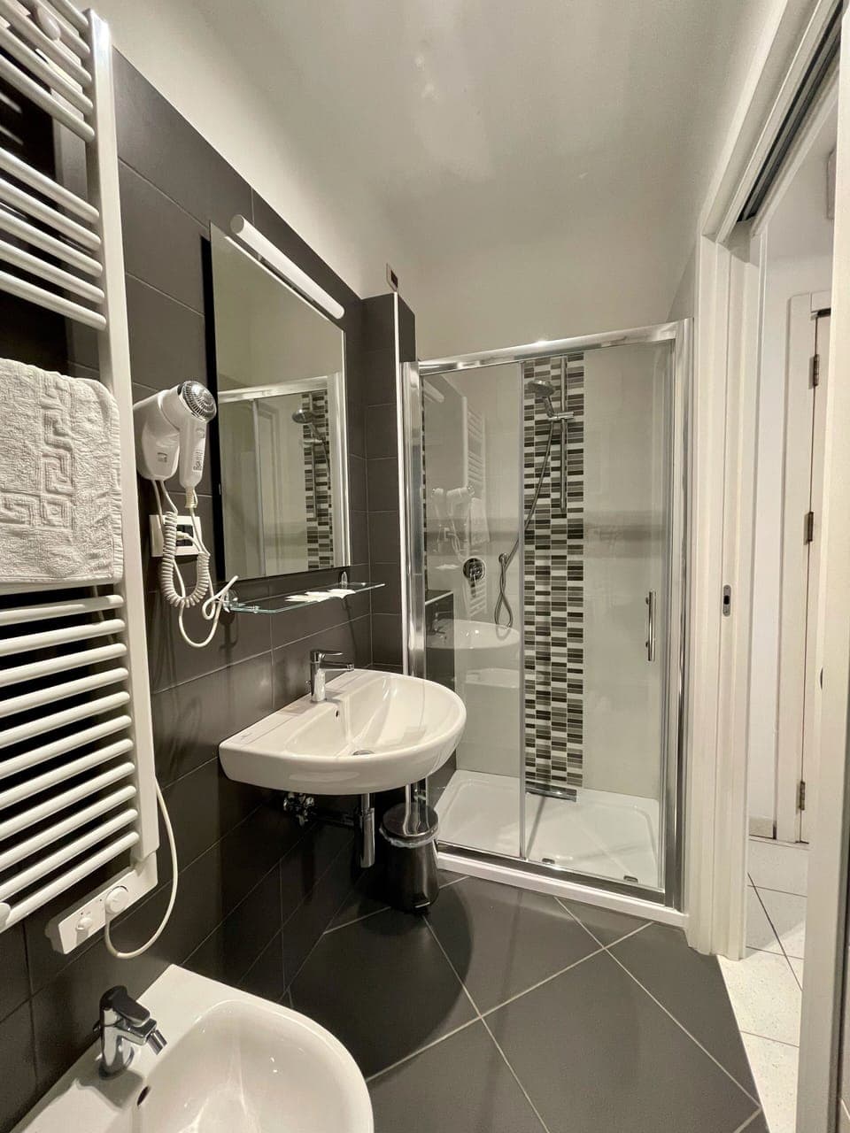 Hair dryer, bidet, towels, soap