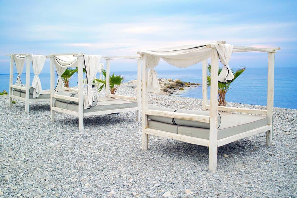 On the beach, free beach cabanas, sun loungers, beach umbrellas
