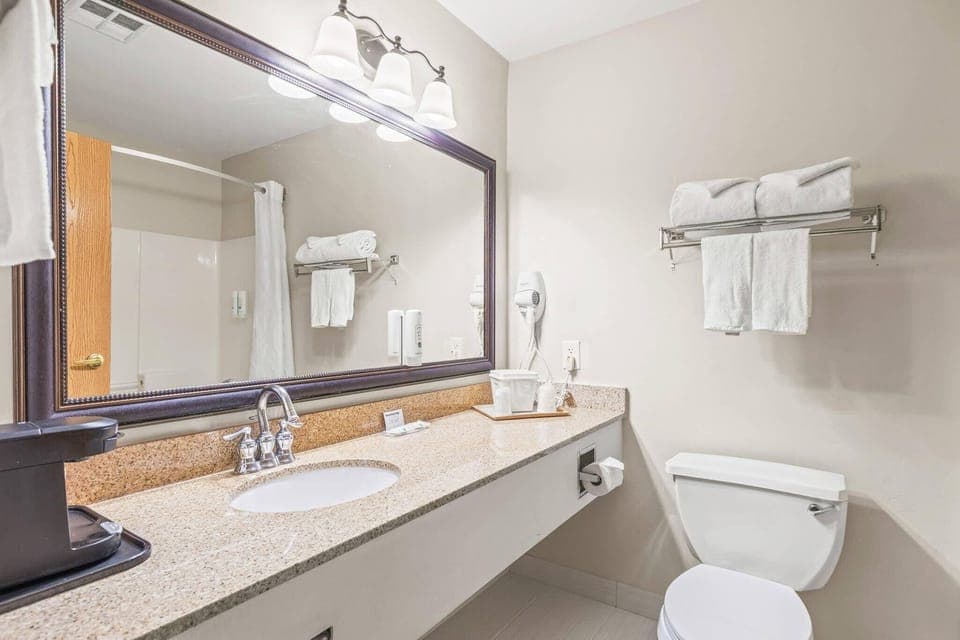 Combined shower/tub, free toiletries, hair dryer, towels