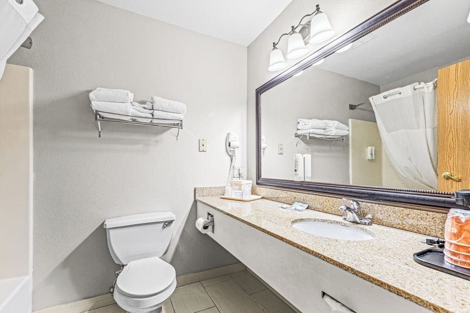 Combined shower/tub, free toiletries, hair dryer, towels