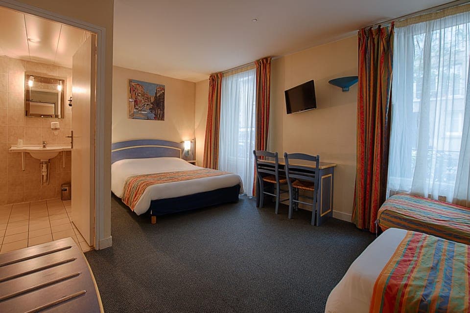 Desk, blackout drapes, soundproofing, iron/ironing board