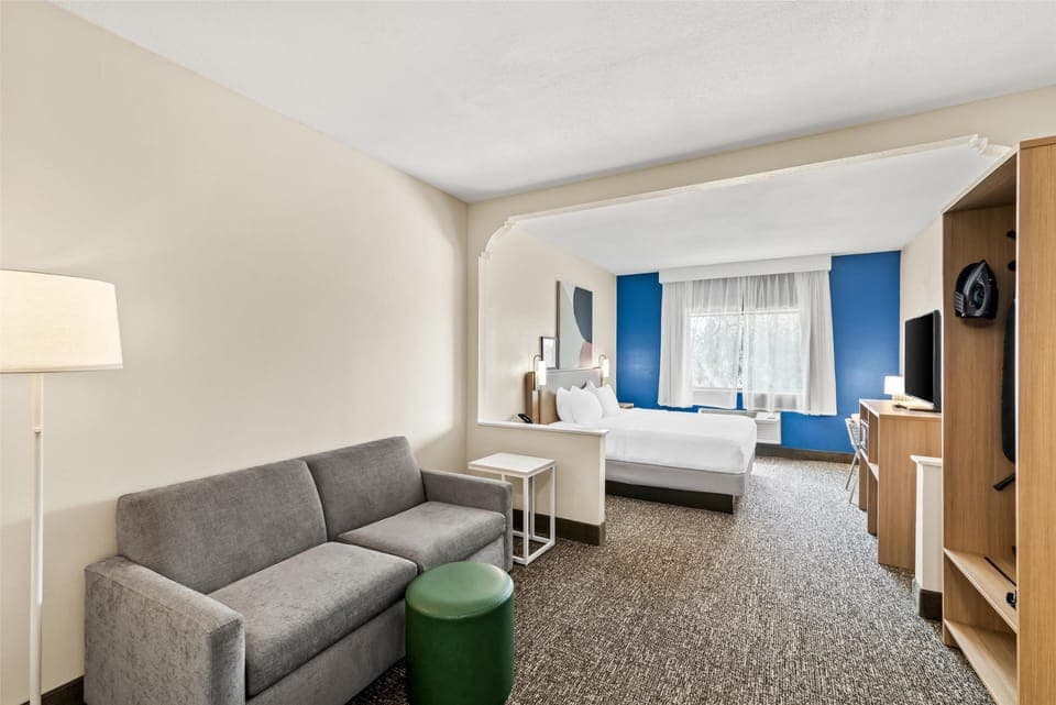 Room, 1 King Bed with Sofa bed | Living area | 50-inch TV with satellite channels, pay movies