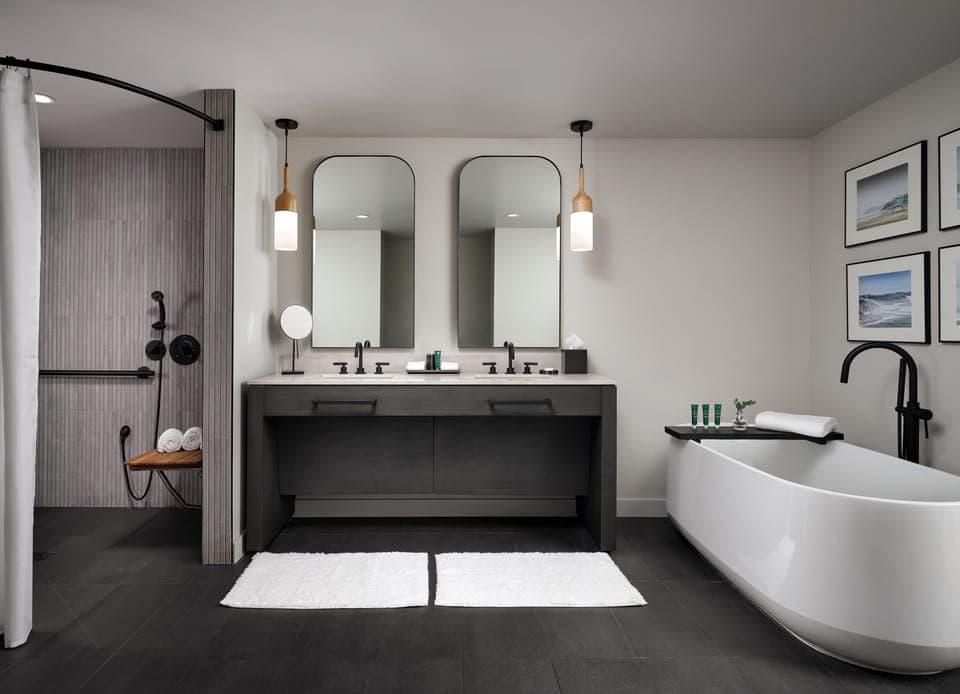 Shower, rainfall showerhead, eco-friendly toiletries, hair dryer