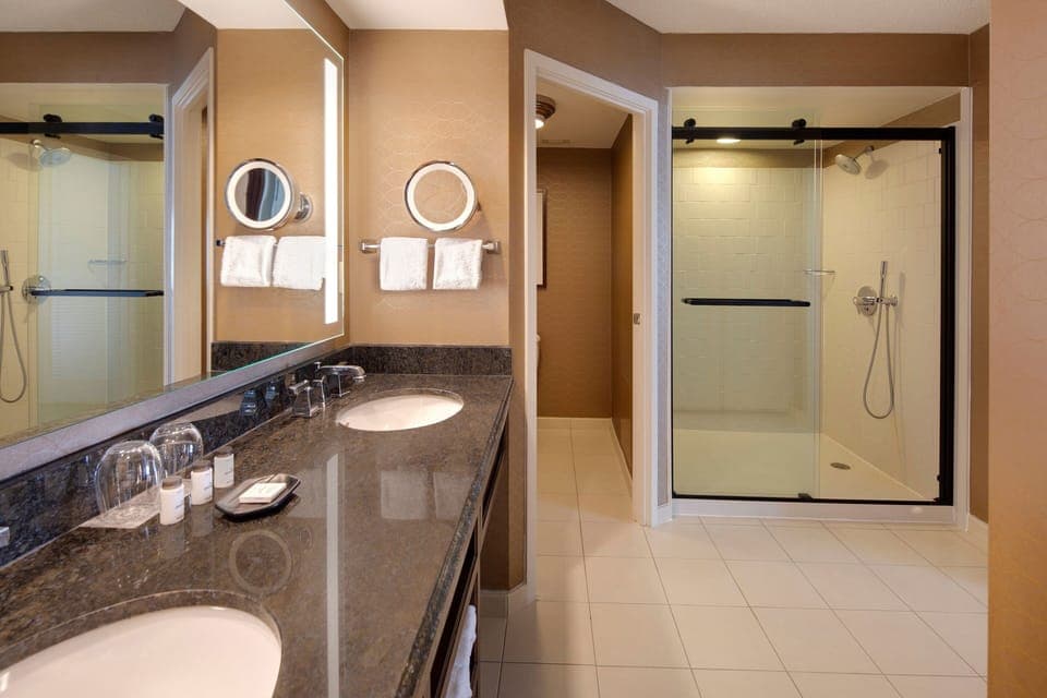 Combined shower/tub, free toiletries, hair dryer, towels