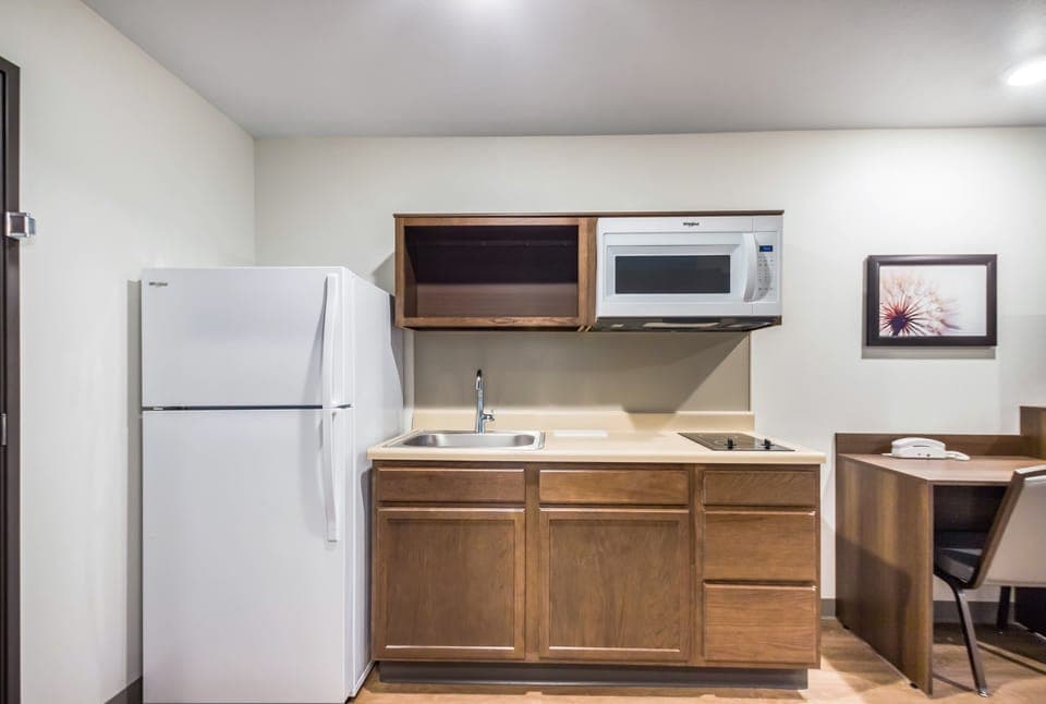 Full-size fridge, microwave, stovetop