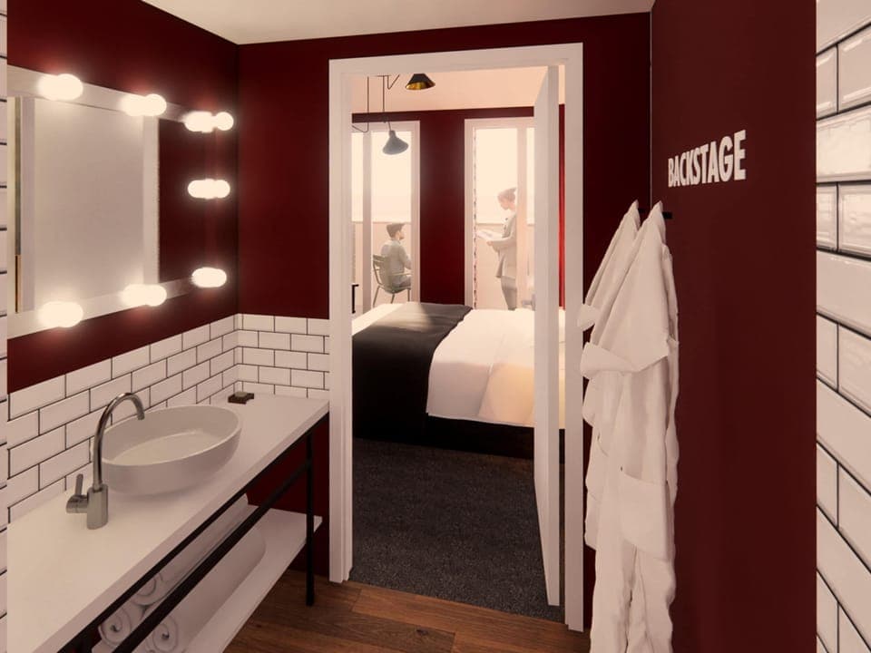 Desk, laptop workspace, blackout drapes, soundproofing