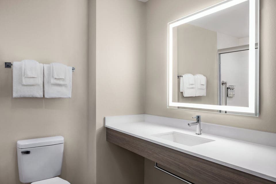 Combined shower/tub, hair dryer, towels
