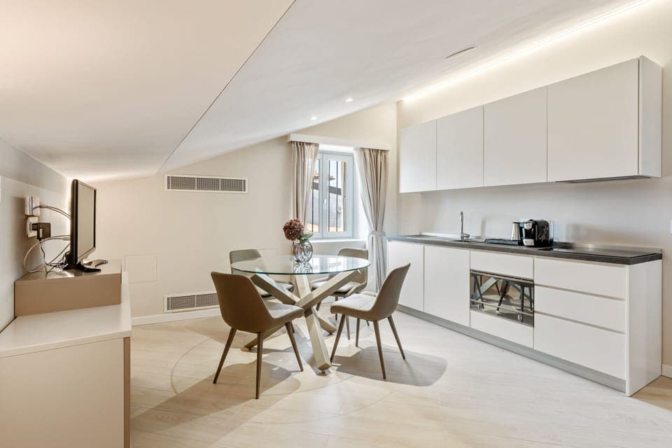 Fridge, microwave, stovetop, espresso maker