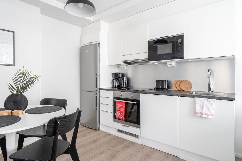 Premium Apartment | Private kitchen | Full-size fridge, microwave, oven, stovetop