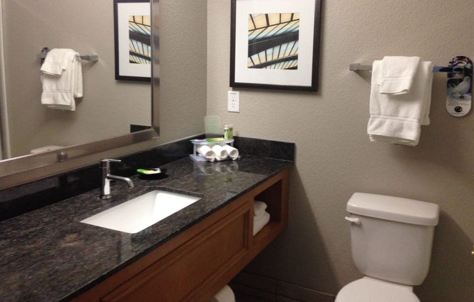 Combined shower/tub, free toiletries, hair dryer, towels