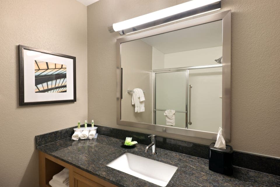 Combined shower/tub, free toiletries, hair dryer, towels