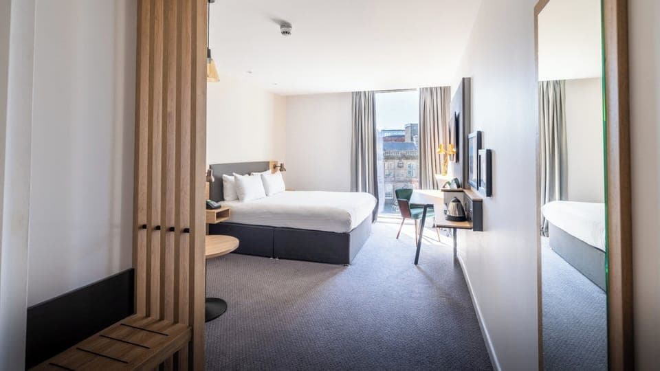 Desk, blackout drapes, soundproofing, iron/ironing board