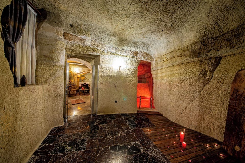 Luxury Double Room | Living area | 82-inch LED TV with satellite channels, TV, heated floors