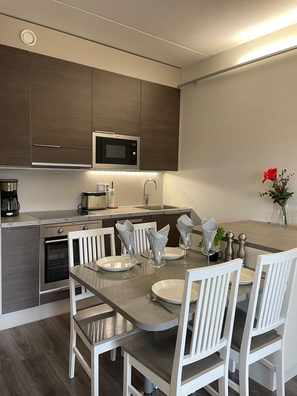 Luxury Apartment | Private kitchen | Electric kettle, highchair, toaster oven, cleaning supplies