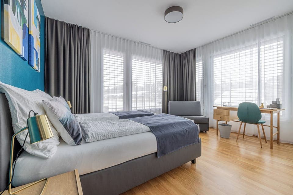 Family Room | Memory foam beds, desk, laptop workspace, blackout drapes