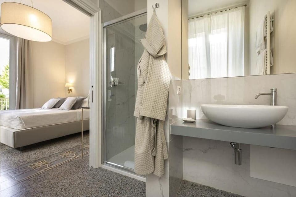 Shower, rainfall showerhead, hair dryer, bathrobes