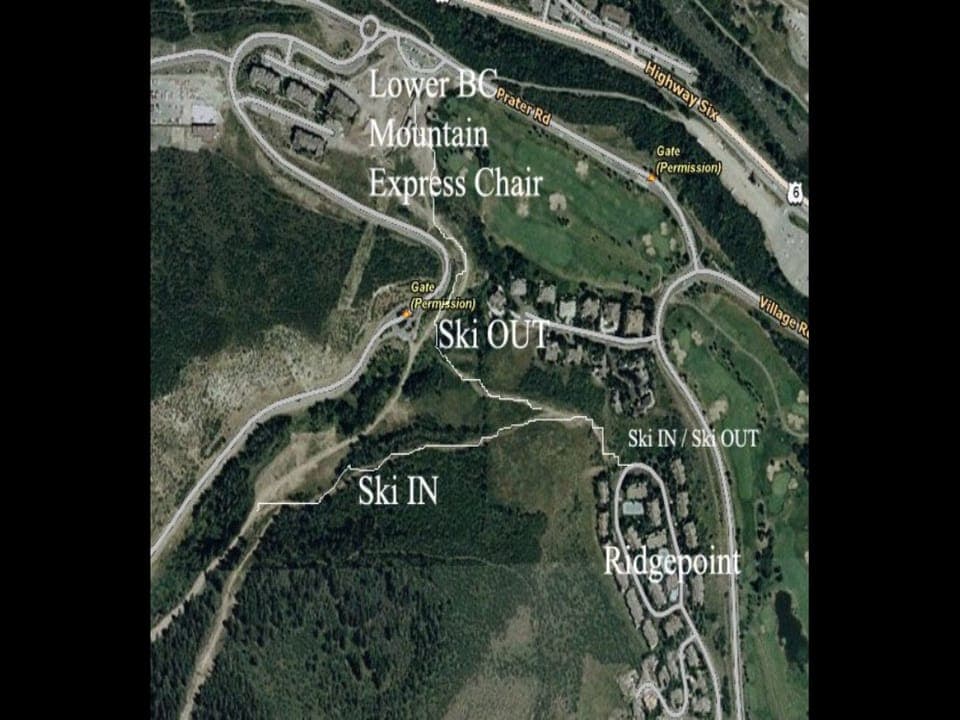A satellite map showing ski paths and chair lifts. Labels include "Lower BC Mountain Express Chair," "Ski IN," "Ski OUT," and "Ridgepoint" with various gated access points indicated.