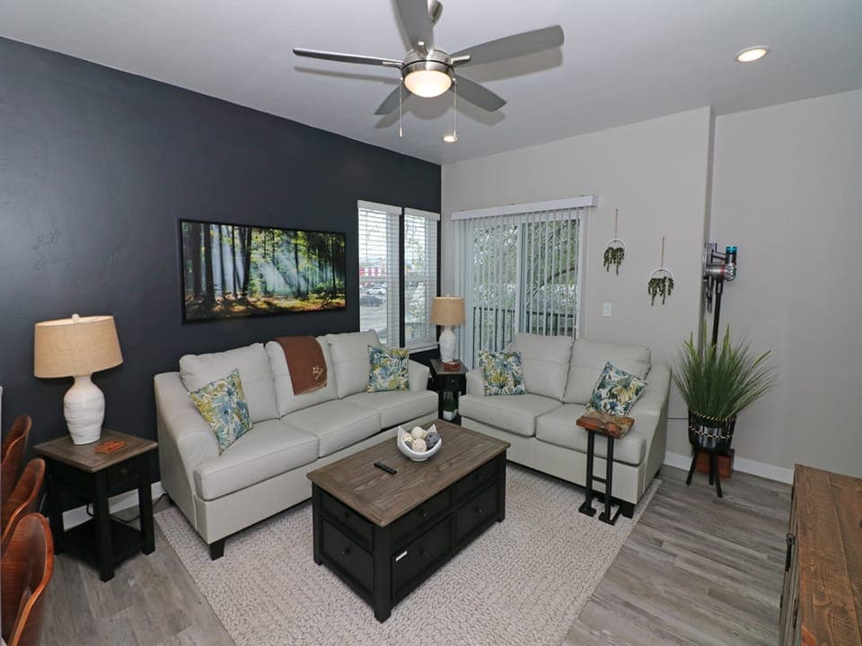 Comfy living room with full sofa sleeper