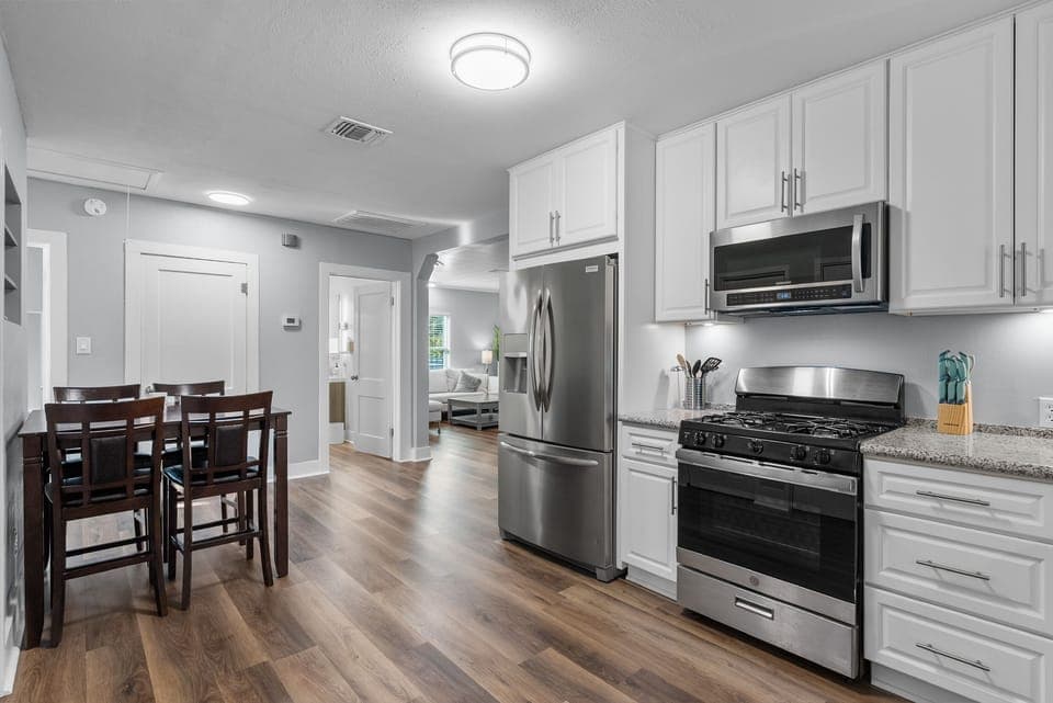 Kitchen/dining area. All new appliances, includes pots/pans/dishes/silverware. 