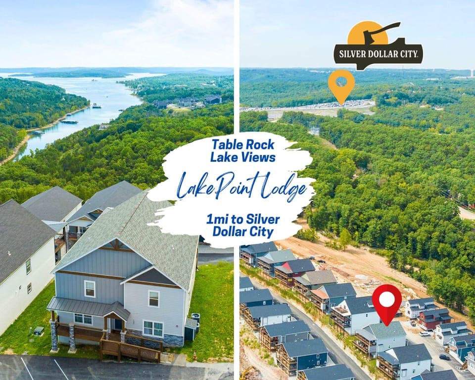 LAKEPOINT LODGE is a 9-bedroom retreat with stunning Table Rock Lake views, just 1 mile from Silver Dollar City.