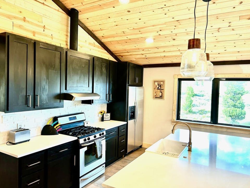 The kitchen's expansive counter area is perfect for home-cooked meals.