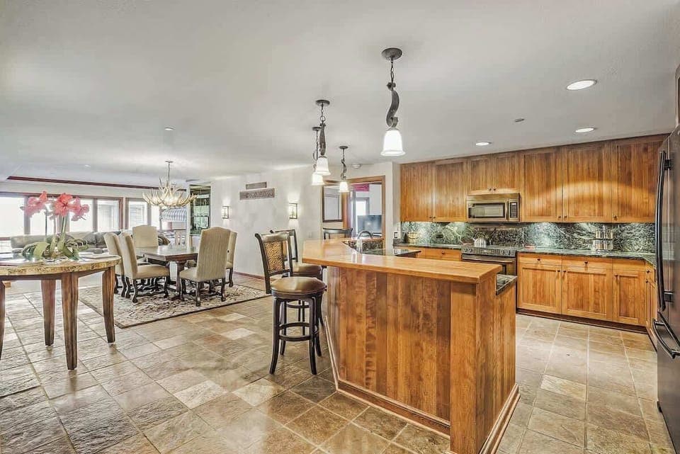 Kitchen, dining, and living area